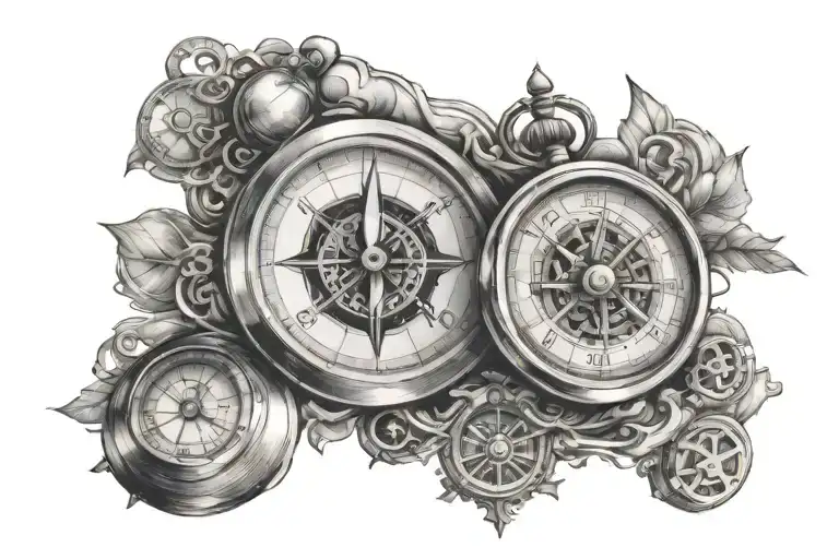 compass and clock mixed in tattoo design idea