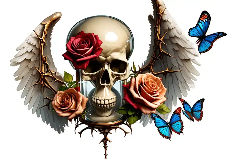 skull hourglass roses wrapped with thorns protruding through angel wings with butterflies  tattoo design idea