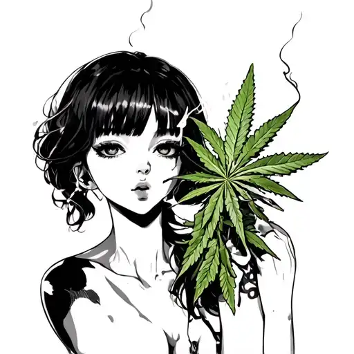 Naked, Anime Girl smoking weed tattoo design idea