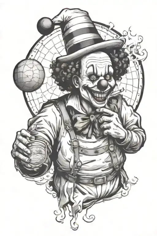 a clown smoking a blunt spinning the world on his finger like a basketball. tattoo design idea
