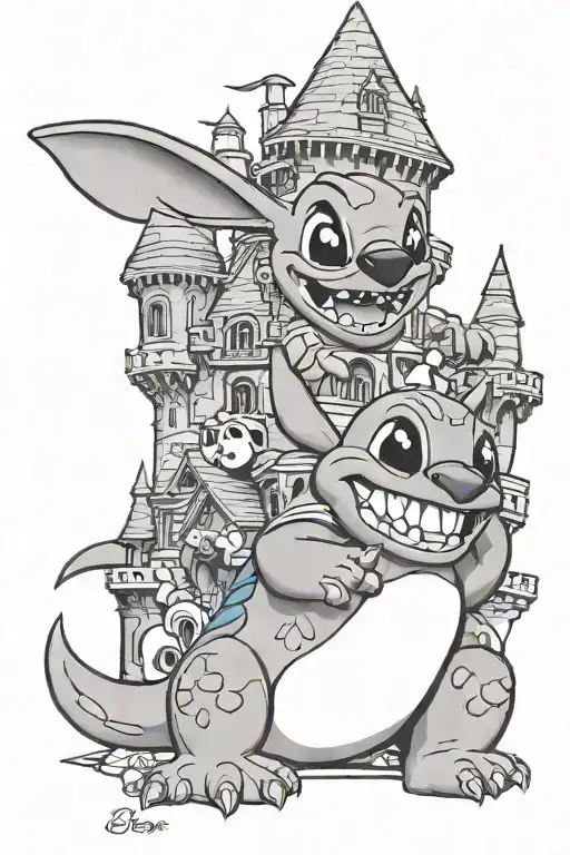 stitch hugging olaf Disney castle tattoo design idea