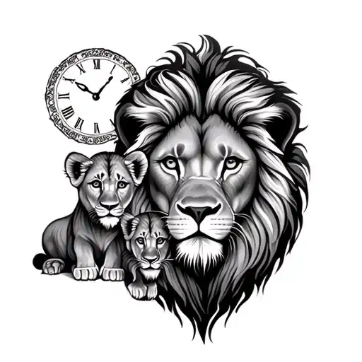 Lion with cubs, one male and one female with rose and clock tattoo design idea