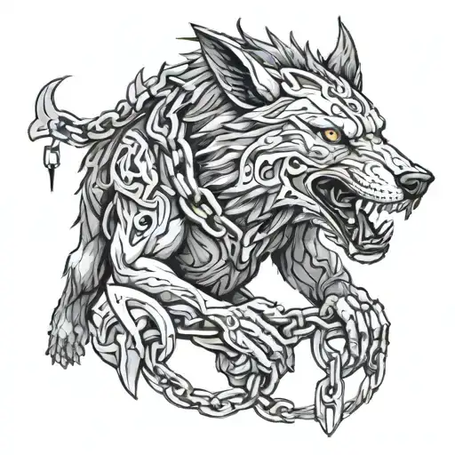 Vigvisir from which Fenrir's body and head emerge, he is also chained, but broken chains are visible tattoo design idea