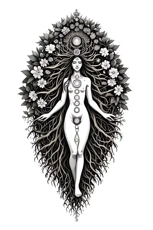 spiritual Woman standing on roots flowers growing out of head om crown with with all 7 sanskirt chakras intertwined  tattoo design idea