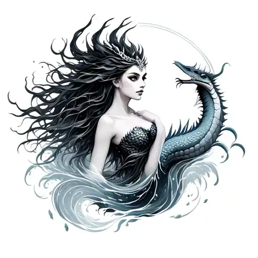 black celestial queen with water dragon water darken everything tattoo design idea