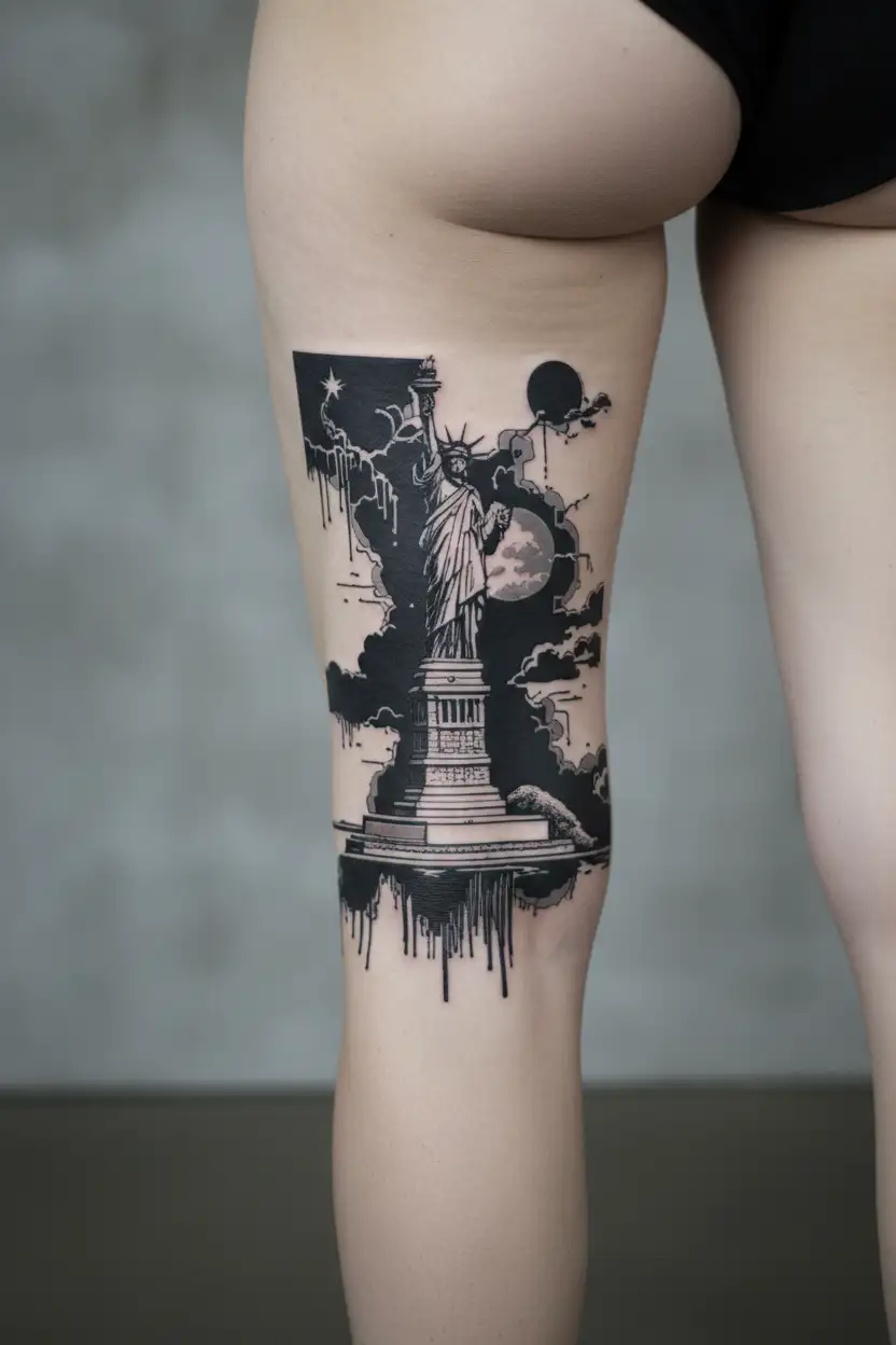 nyc sky line and Statue of Liberty black   tattoo design idea