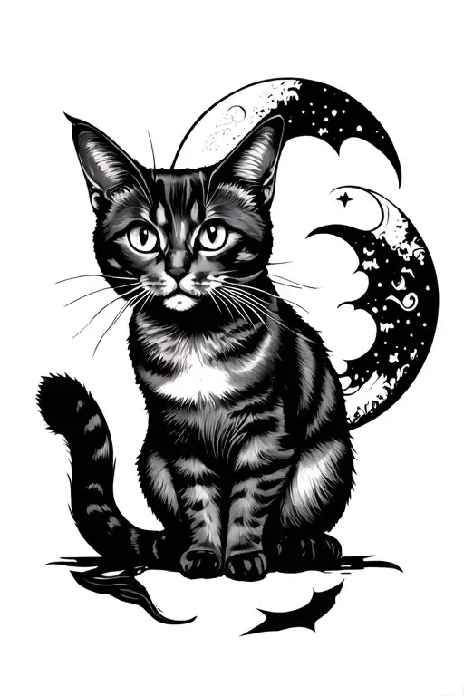 spooky cat and moon tattoo design idea