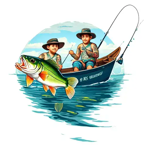 half under water fresh water bass fishing , father and son on boat tattoo design idea