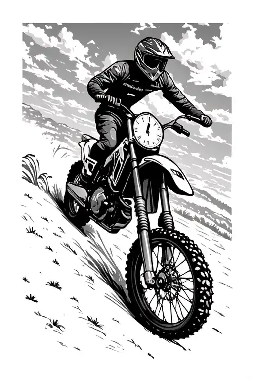 Dirt Bike riding away on winding trail, clock in sky tattoo design idea