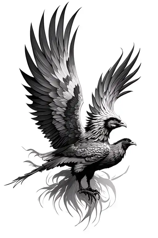 Black and gray realism tattoo design, shoulder to bicep sleeve, a phoenix rising in mid-flight, detailed feathers, wings tattoo design idea