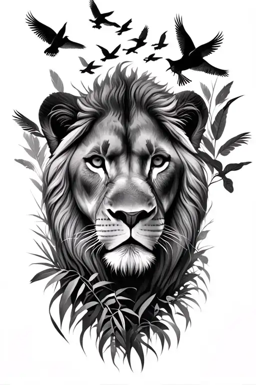 a lions face surrounded by overgrown safari foliage. with the top of the lions head fading into a flock of African birds tattoo design idea