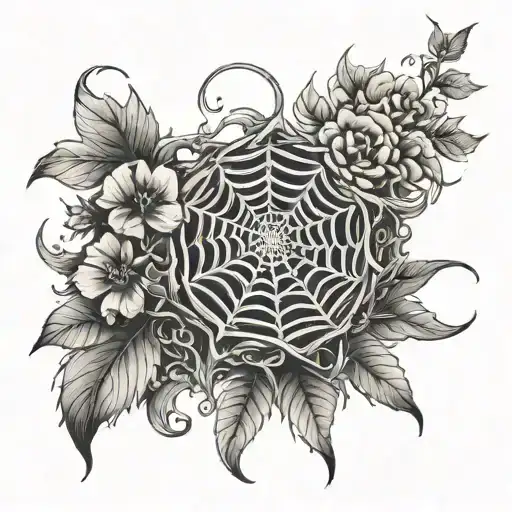 Circular shaped tattoo of vines that has flowers and thorns. small molar tooth and spider web tattoo design idea