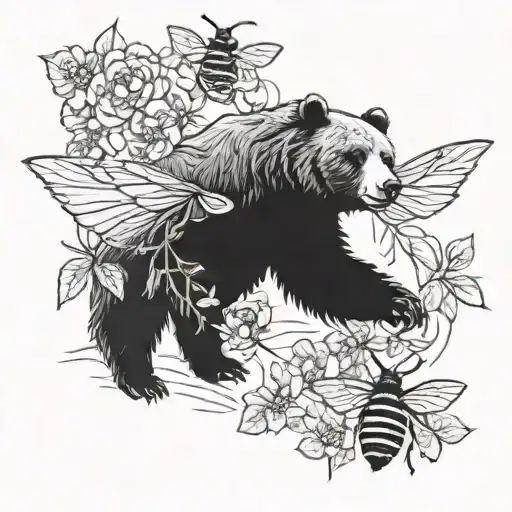 grizzly bear and honey bee flying tattoo design idea
