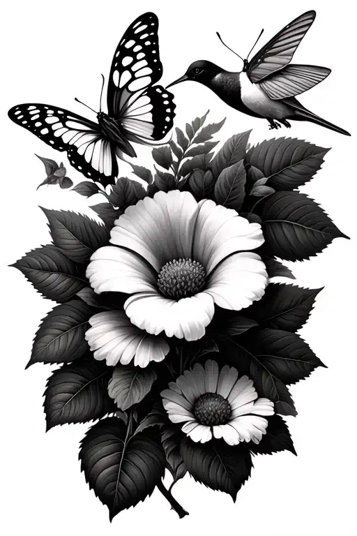 Asters and Morning Glory, butterflys flying, leaves intertwined, humming bird sitting on flower tattoo design idea