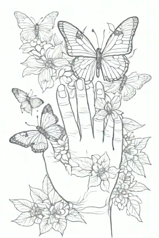 butterflies, flowers and small minimal leaves in hand moving onto the middle finger, "God first" on lower side of pinkie tattoo design idea