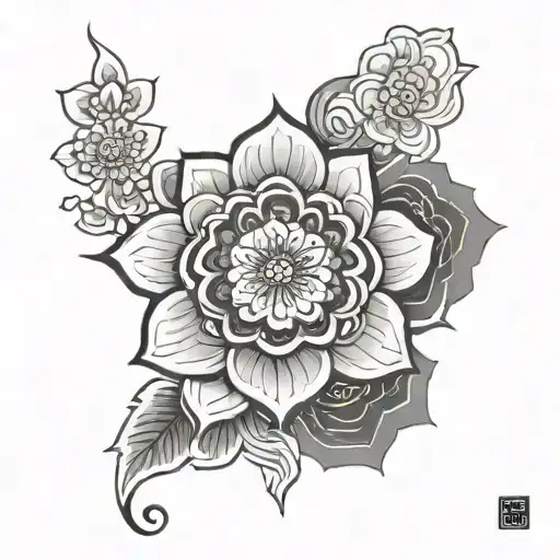 japanese flower and mandala behind it tattoo design idea