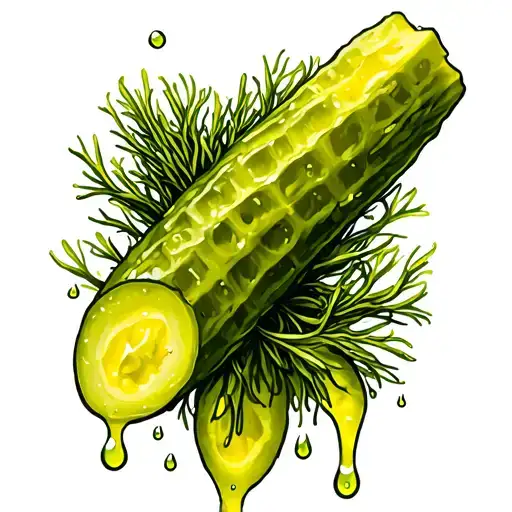 a slice of dill pickle with drops of pickle juice coming off of it. the slice should have ridges. in the American tradit tattoo design idea