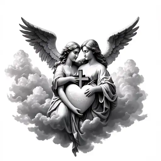 clouds in the back ground with two angels holding a cross & a heart tattoo design idea