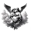 clouds in the back ground with two angels holding a cross & a heart tattoo design idea