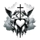 clouds in the back ground with two angels holding a cross & a heart tattoo design idea