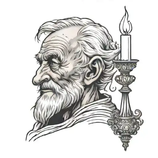 old man and candle burning tattoo design idea