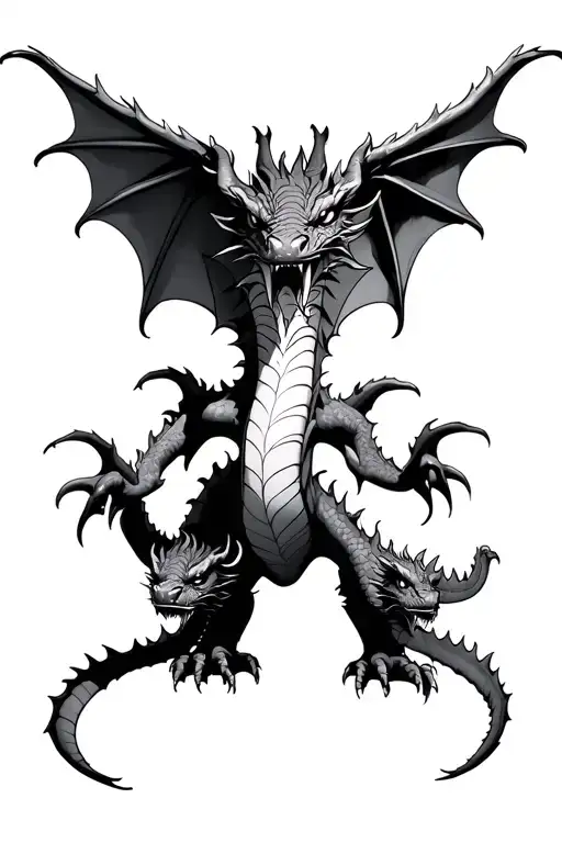 dragon with three heads, wings spread wide tattoo design idea