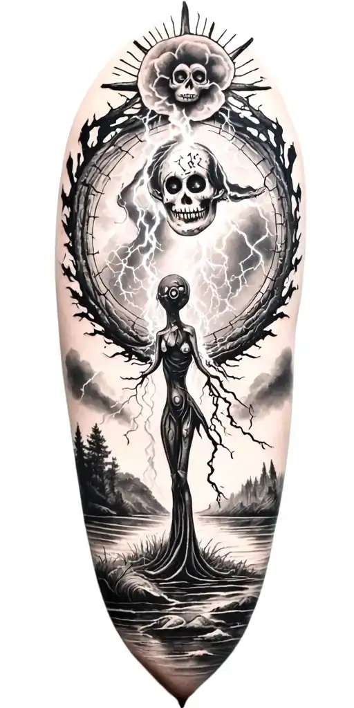 fabric voodoo doll and lightining storm and vegvisir and nature tattoo design idea