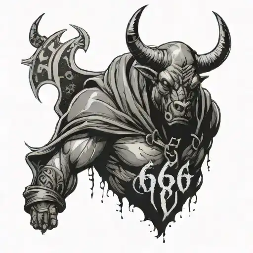 A muscular Bull with one eye with the text 666 above his eye wearing a dark hooded cloak and holding back on his right a tattoo design idea