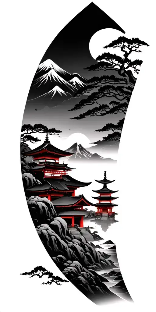Japanese mountain and temple scenery tattoo tattoo design idea