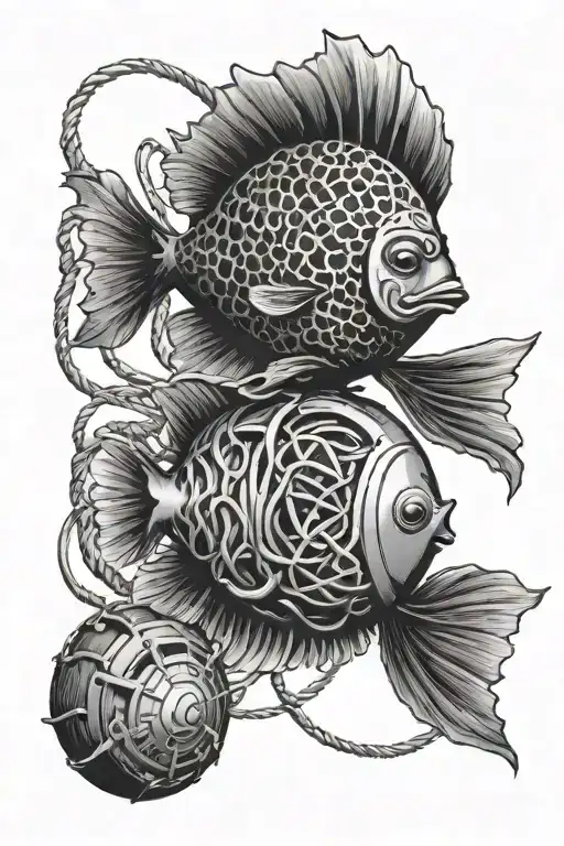 engine, aquarium fish, ball of yarn with knitting needles tattoo design idea