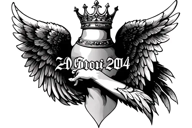 angel wings tattoo with a crown on top and in the middle written 2004 on the neck tattoo design idea
