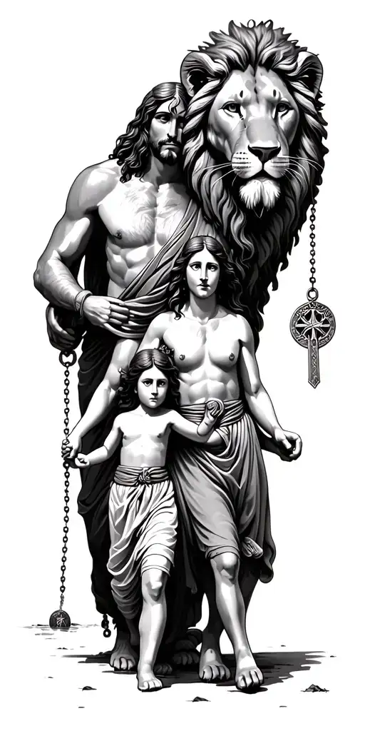 jesus lion with a father mother and son walking towards beach and wrap with a rosary with medallion tattoo design idea