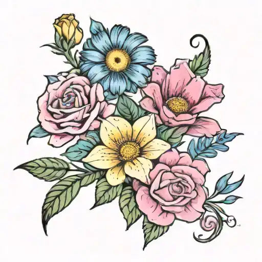 five flowers hot pink gerbera daisy yellow buttercup blue forget me not pink stargazer lily and a lavendar rose tattoo design idea