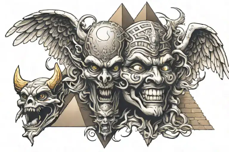 crying angel, laughing demon mask, and a pyramid with an eye. tattoo design idea