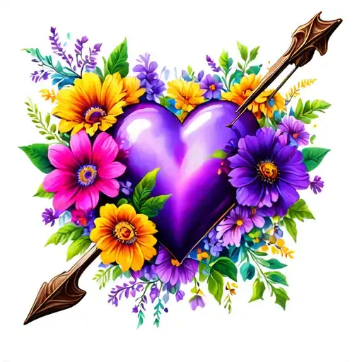 bow and arrow with different colored flowers and purple heart tattoo design idea