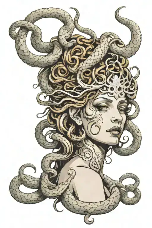 White Medusa angel type with snakes on head and hands on her face tattoo design idea