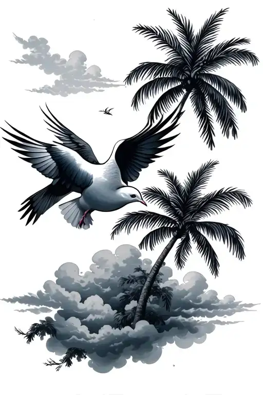 palm trees clouds dove flying tattoo design idea