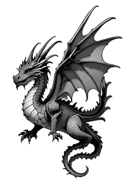 art nouveau wyvern, black and grey with stippling, big wings, theme of a book dragon but small books tattoo design idea