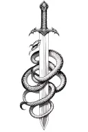 Black and white vertical tattoo, a snake wrapped around a sword, with fine lines and subtle details tattoo design idea