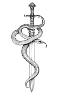 Black and white vertical tattoo, a snake wrapped around a sword, with fine lines and subtle details tattoo design idea