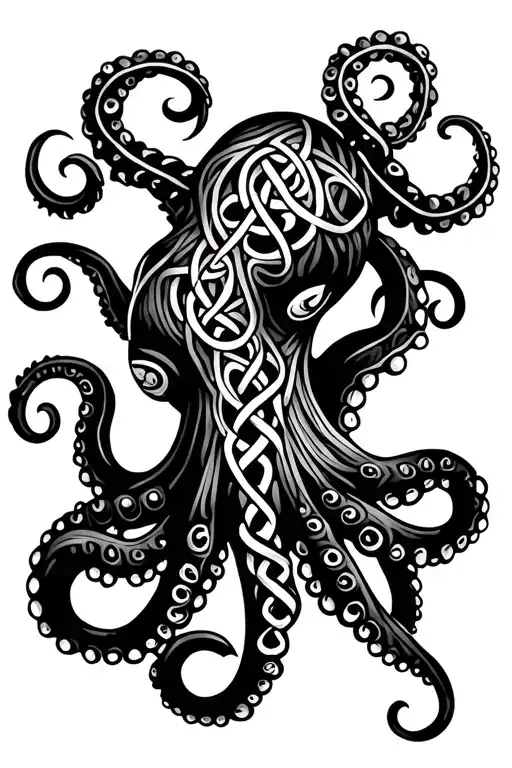 Intricate Celtic octopus tattoo design with eight tentacles, intertwined knots, bold lines, mystical aesthetic. tattoo design idea