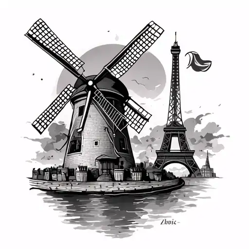 moulin rouge windmill and Eiffel tower surrounded tattoo design idea