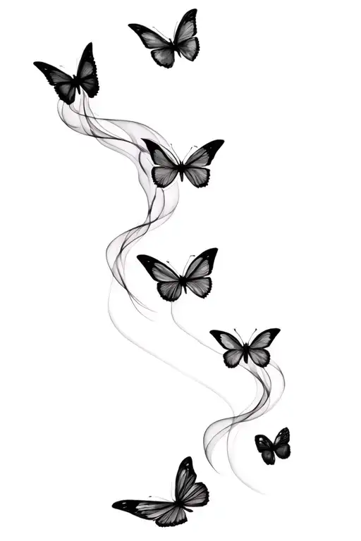 6 minimal line butterflies, soft smoke wisps wrapping naturally between wings tattoo design idea