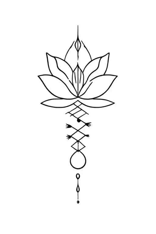 lotus, water drop, arrow, and circles tattoo design idea