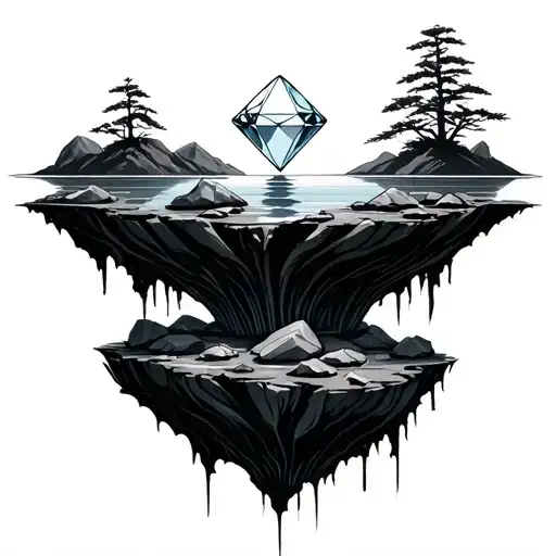a floating island, supported by rocks underneath, include a diamond in the rocks tattoo design idea