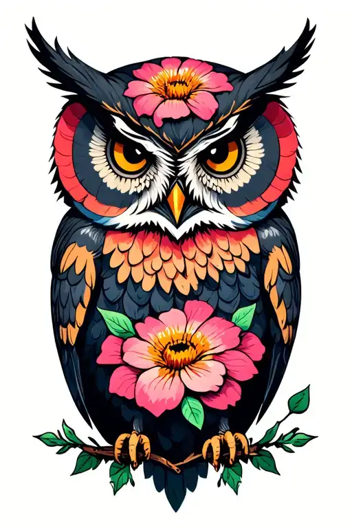 owl and goth flowers tattoo design idea