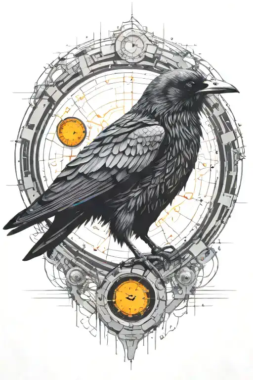 cyberpunk synthetic raven with orange robotic eyes inside cyber circle and microschemes high quality watching moon tattoo design idea