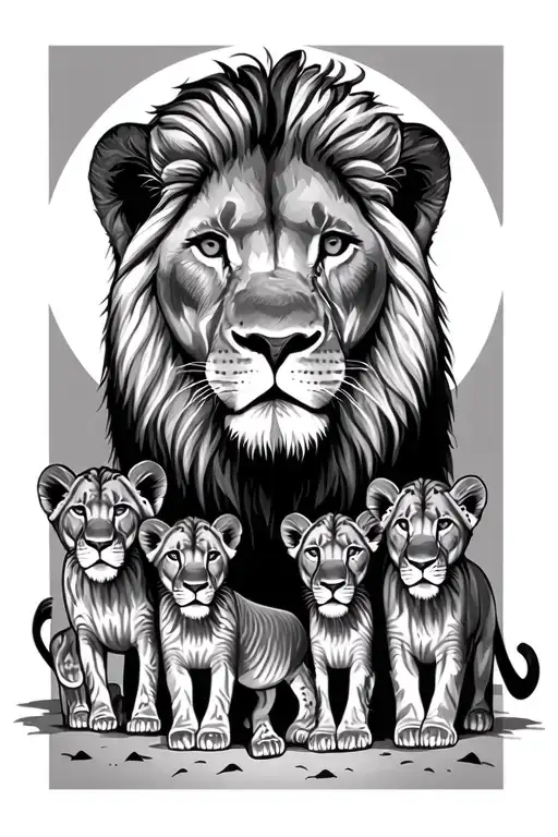 lion and lioness with 6 cubs. lioness protecting the pride. safari type background.  tattoo design idea