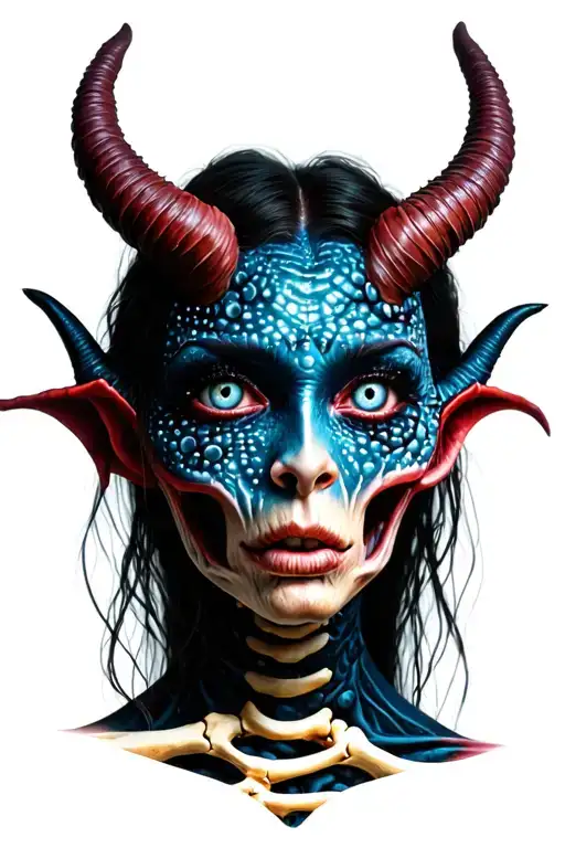 Female Devil with a body covered with bones and the face ist covered in a lot of eyes tattoo design idea