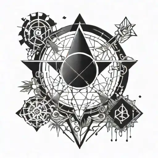 A geometric design incorporating symbols from Brandon Sanderson's novels and drum elements tattoo design idea